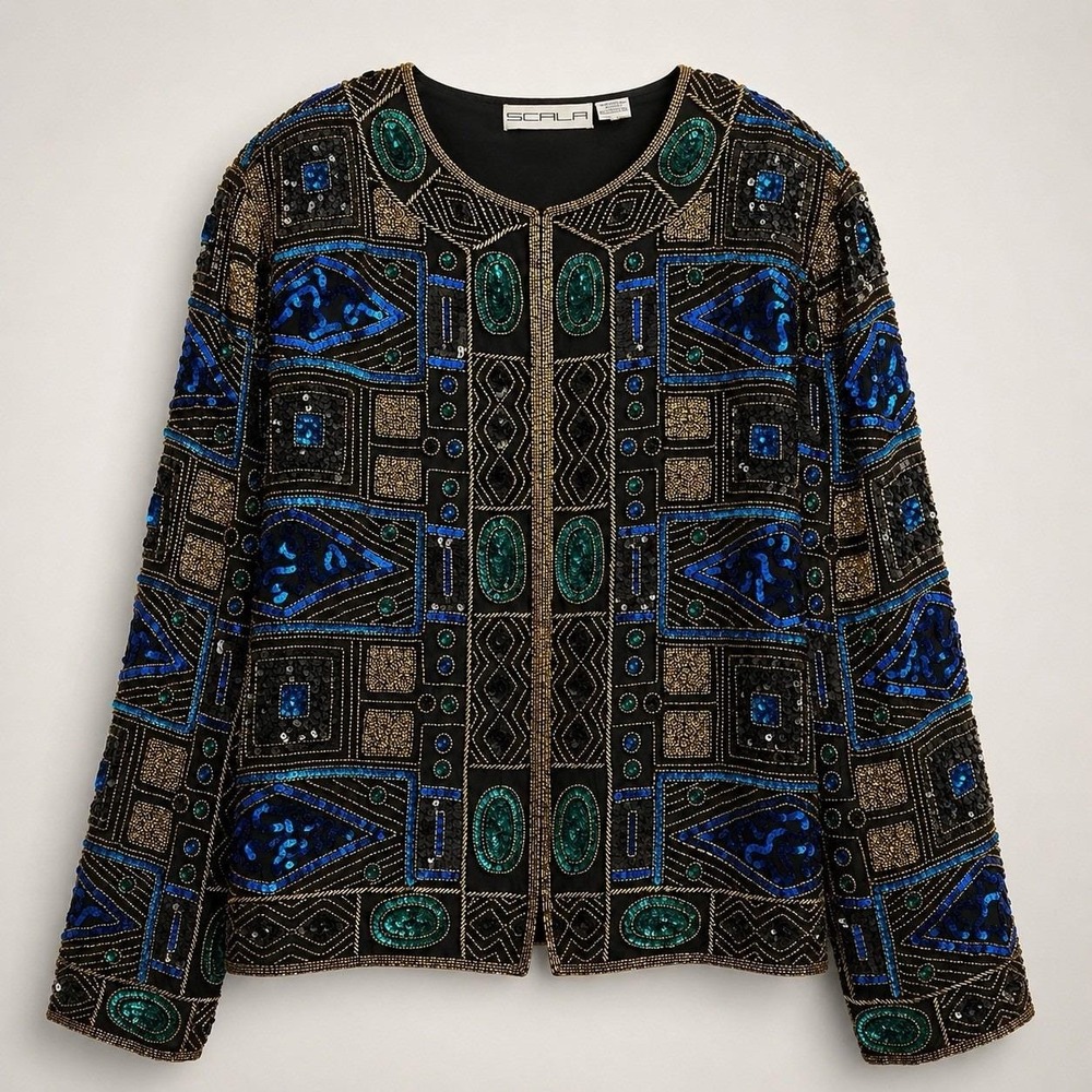 Vtg 80s Scala 4X Silk Sequined Beaded Jacket Blue Teal Gold Art Deco Evening